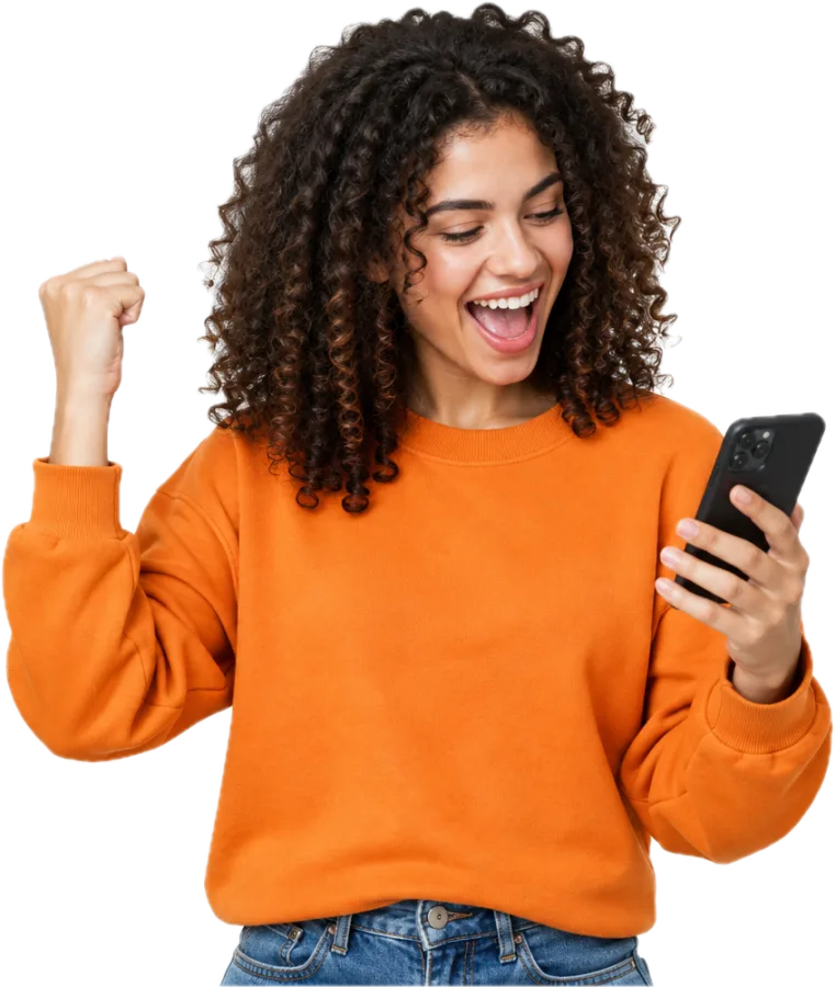 Customer celebrating a delivered order on her phone